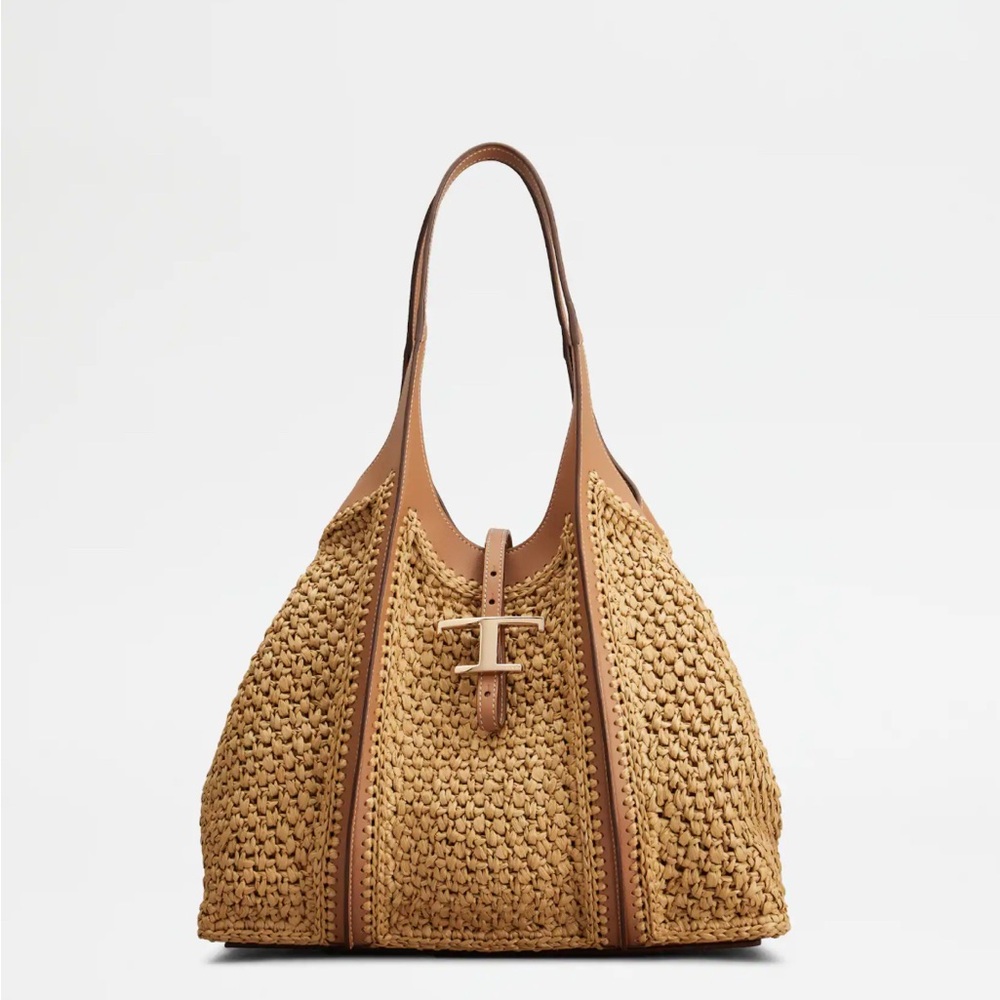 Tod's Tan Medium Raffia T Timeless Tote Shopping Bag - Picture 3 of 6